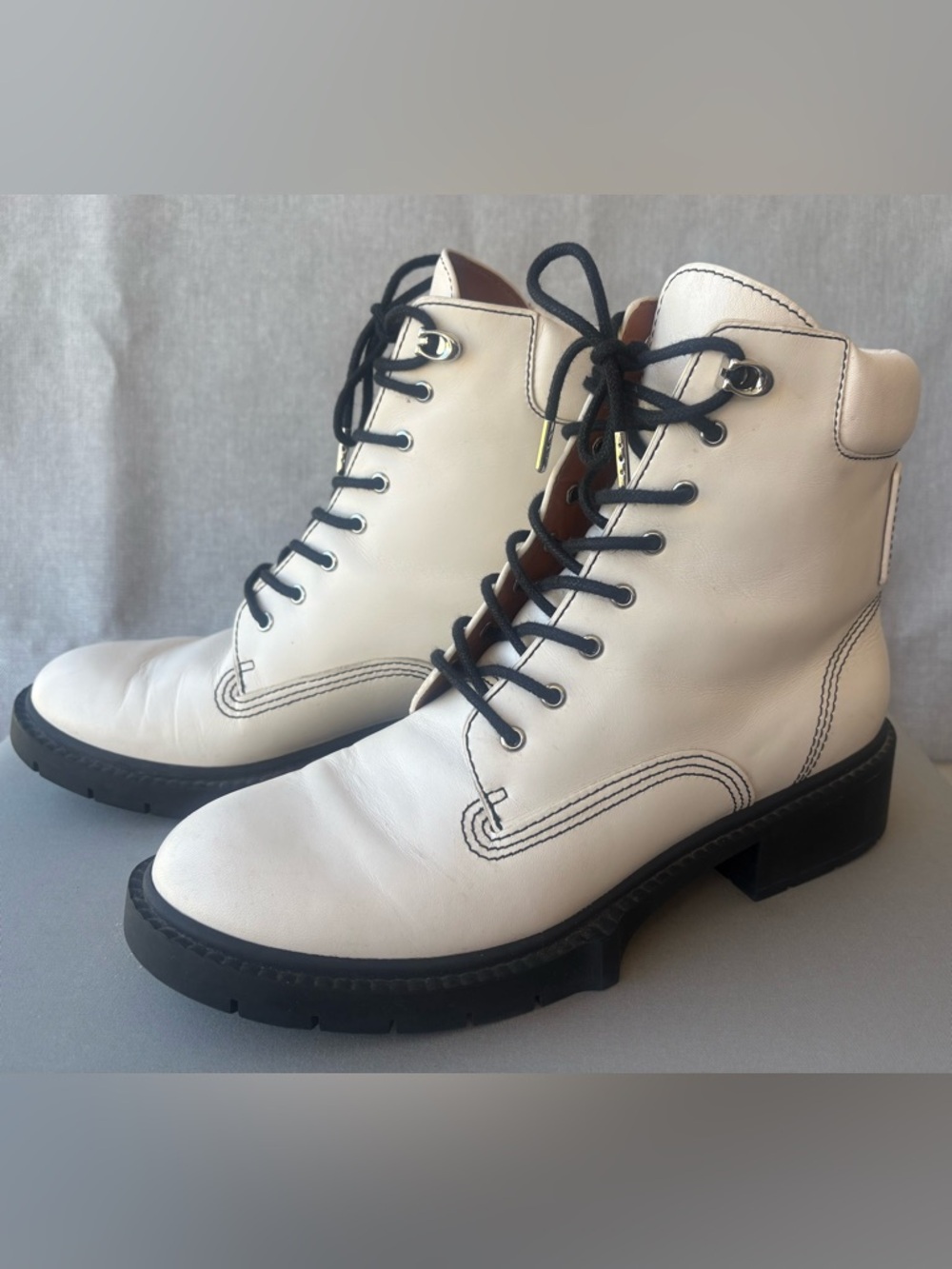 Coach White Leather Combat Boots with Black Laces - Picture 7 of 16